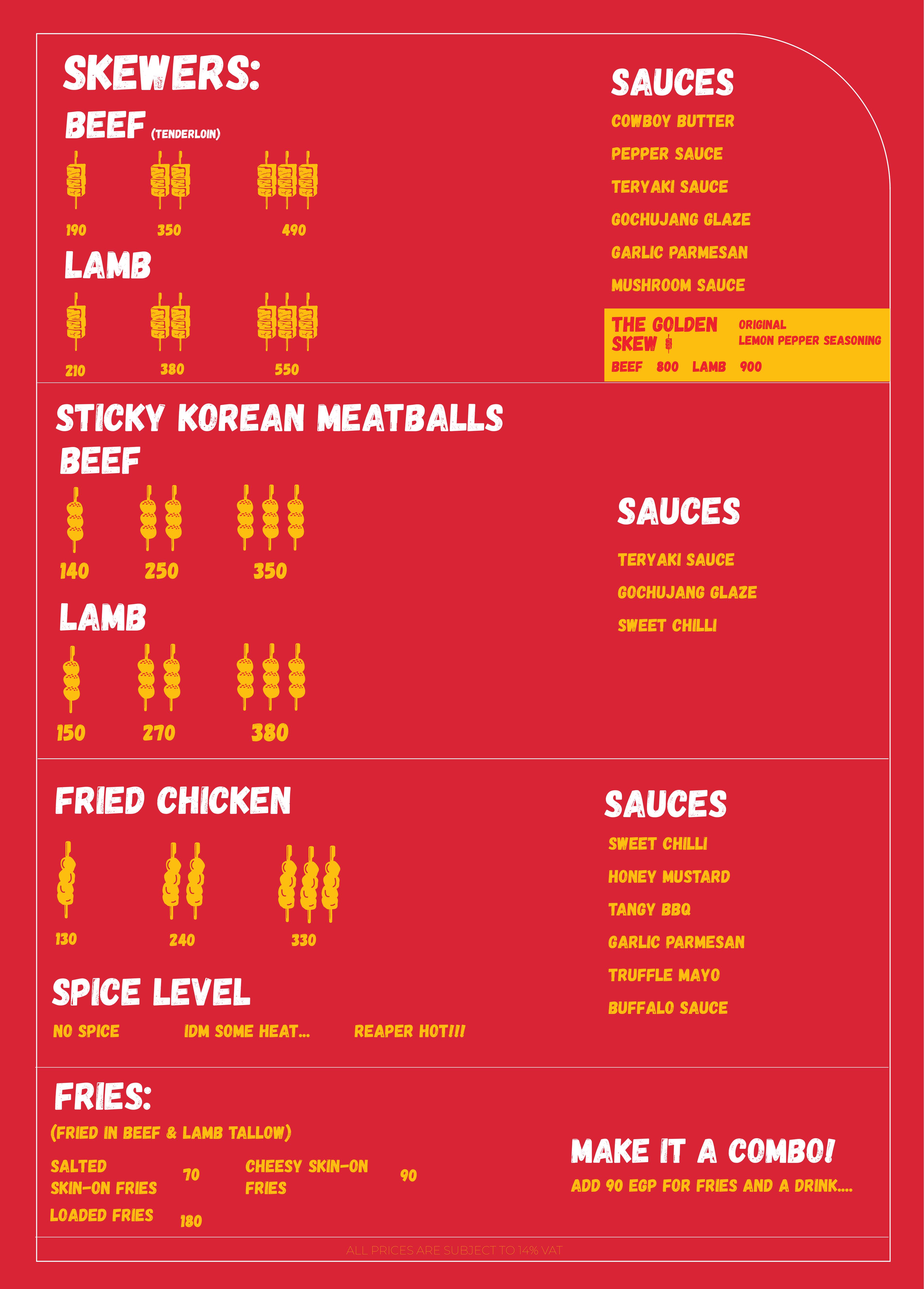 Skew Menu Page 1 — Skewers, Fries, Sauces