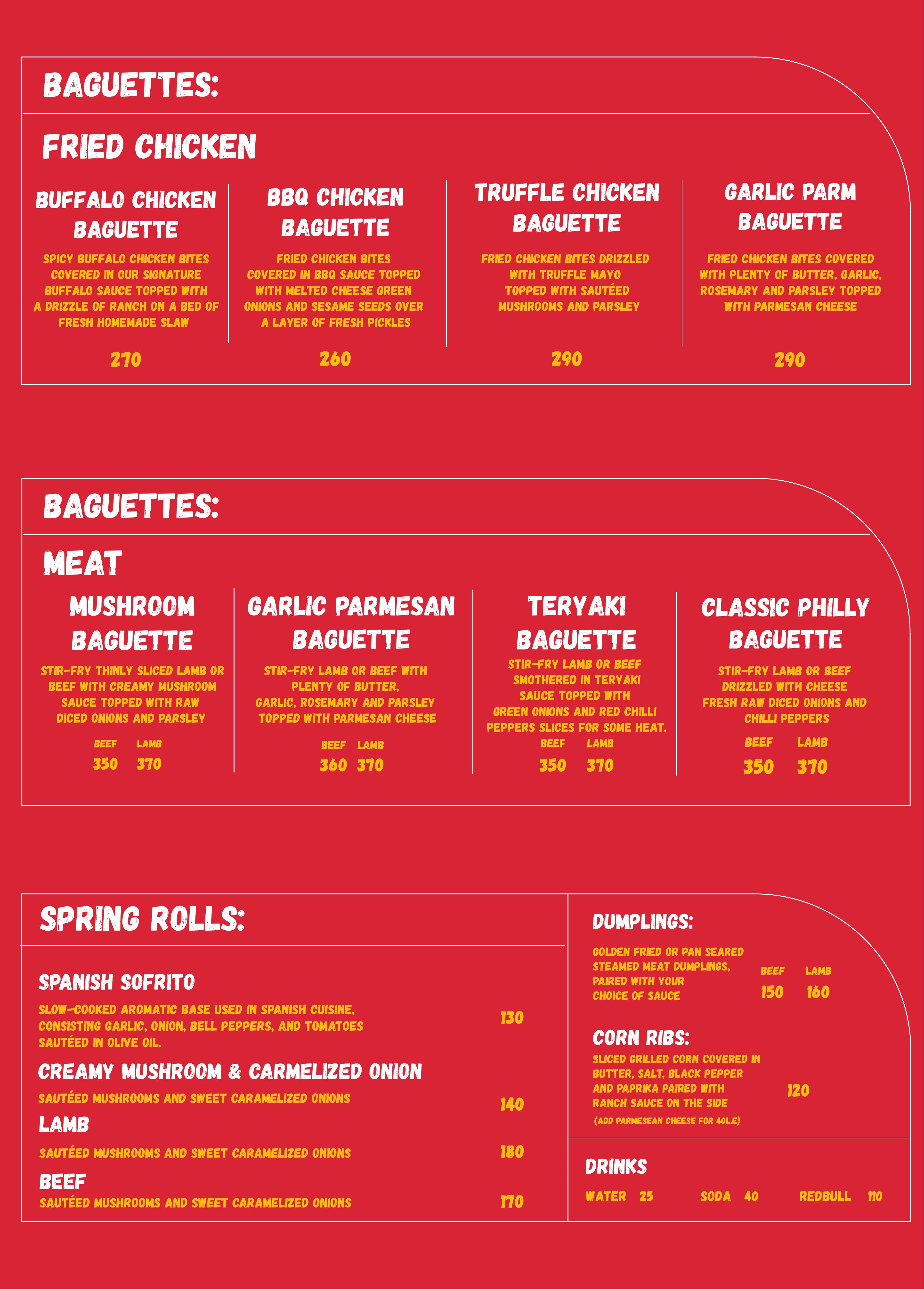 Skew Menu Page 2 — Baguettes, Dumplings, Drinks